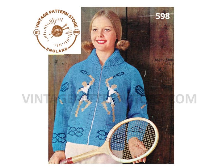 Ladies Womens 50s vintage chunky knit shawl collar intarsia tennis motif jacket cardigan pdf knitting pattern 32" to 36" PDF download 598