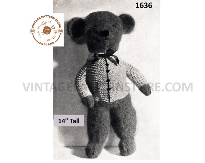 40s vintage cuddly toy President Theodore Roosevelt teddy bear pdf knitting pattern 14" tall Instant PDF Download 1636