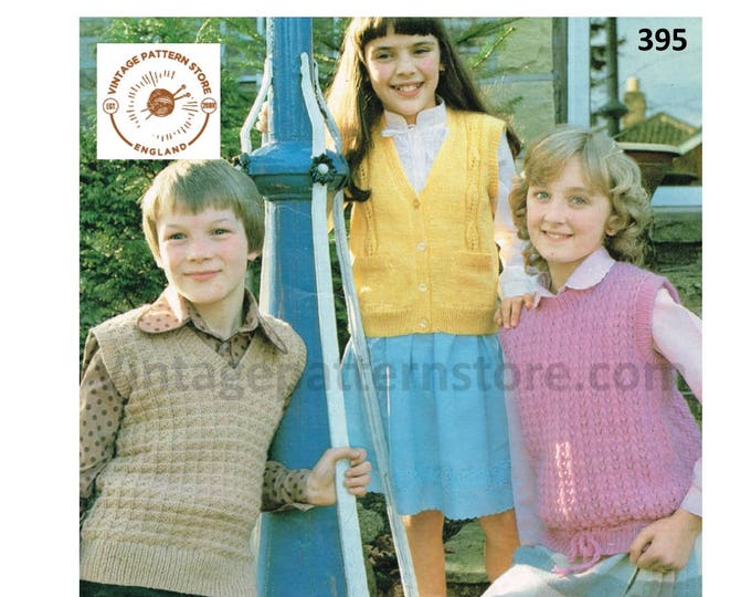 Girls 70s vintage DK lacy round neck slipover & waistcoat and Boys V neck textured tank top pdf knitting pattern 24" to 32" PDF Download 395