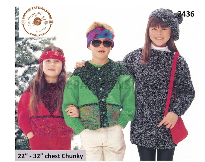 Boys Girls 90s round neck geometric sweater cardigan slash neck tunic beret shoulder bag pdf knitting pattern 22" to 32" PDF download 2436