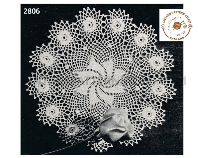 40s vintage circular round star and rose floral doily doilies table mat pdf crochet pattern 9" diameter Instant PDF download 2806