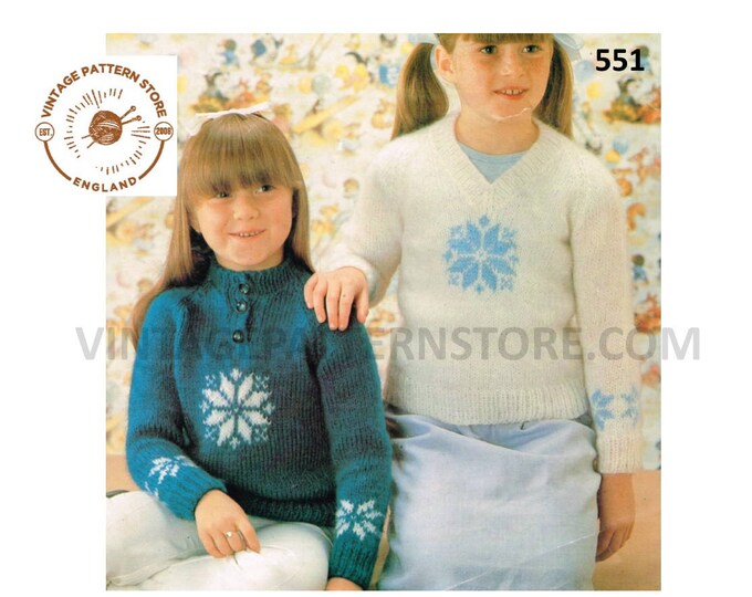 Girls 90s easy to knit Christmas Holiday snowflake intarsia raglan aran sweater jumper pdf knitting pattern 24" to 30" PDF download 551