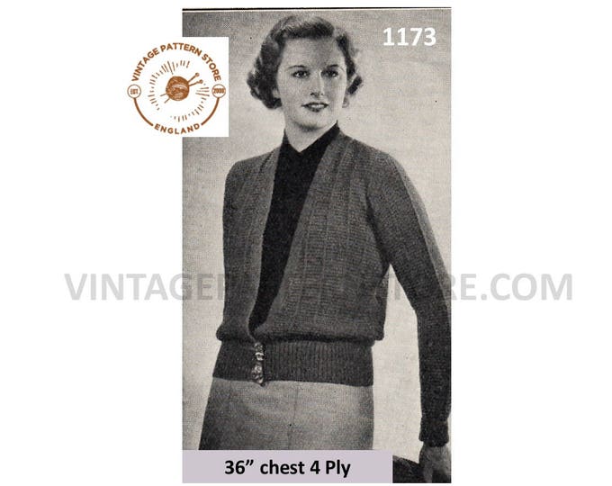 Ladies 30s knitting pattern, Ladies Womens V neck 3 ply raglan cardigan pattern - 36" chest - PDF download 1173