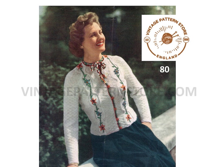 Ladies Womens 50s vintage round neck 4 ply optionally embroidered cable cabled raglan cardigan pdf knitting pattern 34" chest Download 80