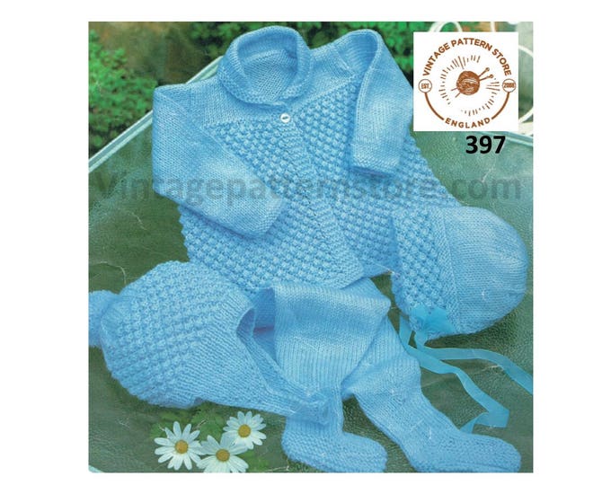 Baby Babies 90s DK textured pram set matinee coat jacket leggings bonnet & helmet pdf knitting pattern 18" to 20" chest Instant Download 397