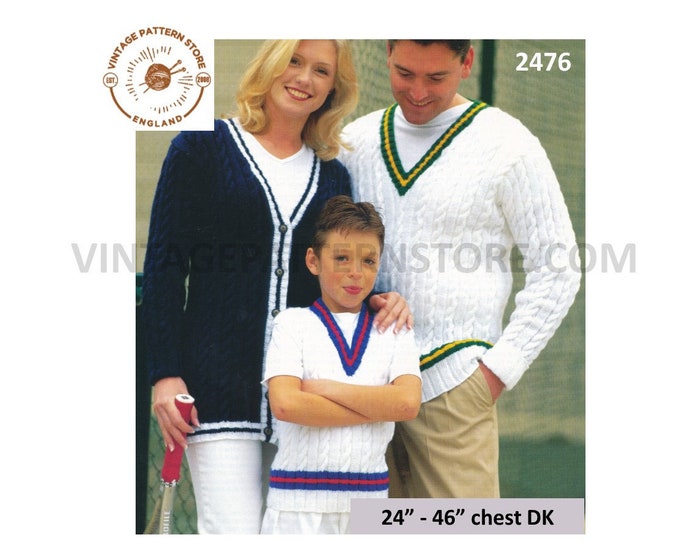 Ladies Womens Mens Boys Girls 90s family V neck cabled DK slipover cardigan & cricket sweater pdf knitting pattern 24" to 46" Download 2476