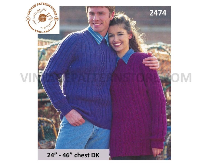 Womens Mens Boys Girls 90s family cabled cable panel rib ribbed raglan DK sweater jumper pdf knitting pattern 24" to 46" PDF Download 2474