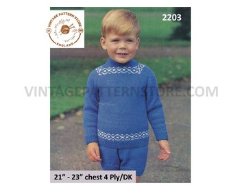 Boys Toddlers 70s vintage 4 ply or DK crew neck fair isle banded raglan sweater jumper shorts pdf knitting pattern 21" to 23" Download 2203