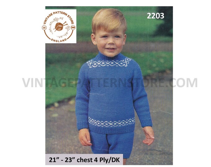 Boys Toddlers 70s vintage 4 ply or DK crew neck fair isle banded raglan sweater jumper shorts pdf knitting pattern 21" to 23" Download 2203