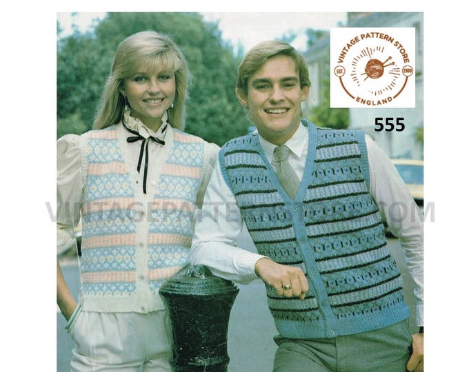 Ladies Mens waistcoat knitting pattern, Ladies Womens Mens 80s V neck fair isle DK waistcoat pattern - 32" - 40" chest - Download 555