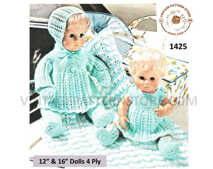 70s vintage 12" 16" 4 ply baby dolls clothes pram set layette dress matinee coat jacket bonnet booties pdf knitting pattern Download 1425