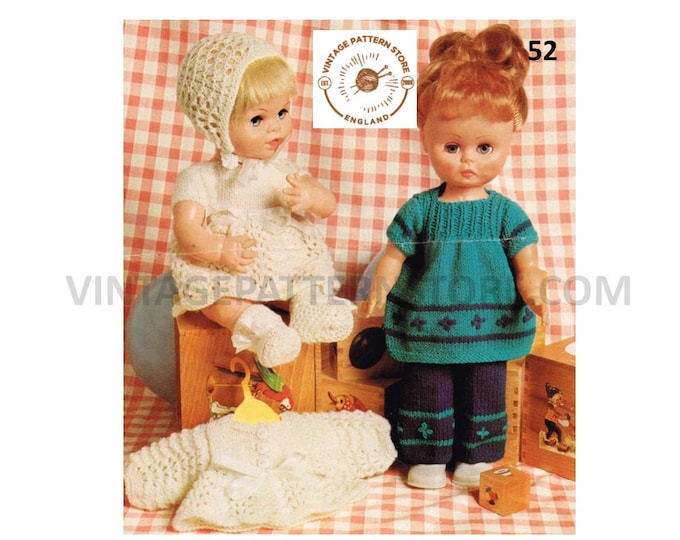 80s vintage 12" 14" 4 ply baby dolls clothes pram set & short sleeve rib panel dress pdf knitting pattern Instant PDF Download 52