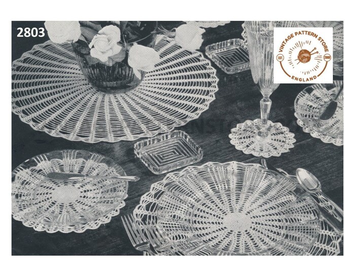 40s vintage circular round lacy lace place mat coasters centrepiece doily doilies pdf crochet pattern 16.5" 12.5" 7.5" & 4.5" Download 2803