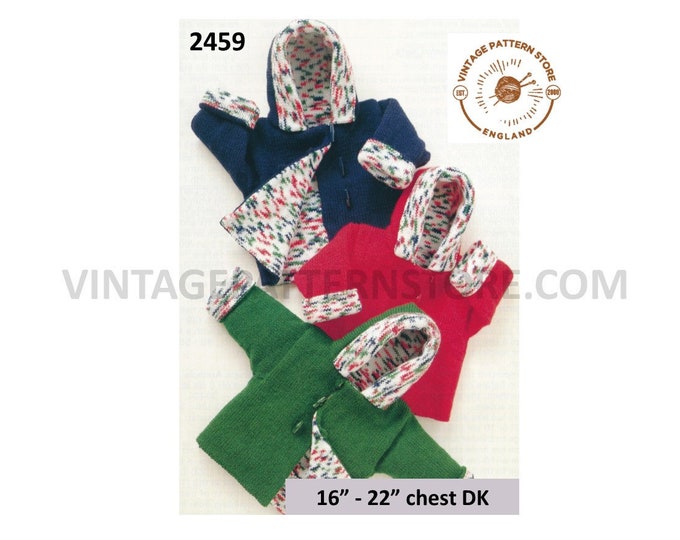 Baby Babies Toddlers 90s DK shirt neck lined hoodie hooded jacket pdf knitting pattern 16" to 22" chest Instant PDF download 2459