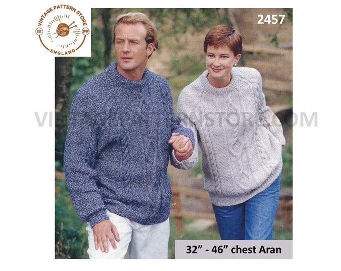 Ladies Womens Mens 90s crew neck cable cabled dolman aran sweater jumper pdf knitting pattern 32" to 46" chest Instant PDF download 2457