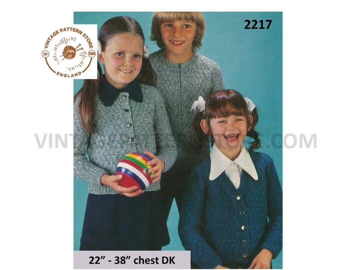 Boys Girls 70s vintage DK round or V neck textured raglan cardigan & zipped jacket pdf knitting pattern 22" to 38" Instant PDF download 2217