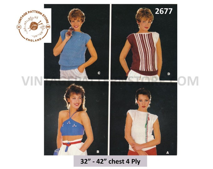 Ladies Womens 80s vintage 4 ply strappy summer top & slipover sweater vest pdf knitting pattern 32" to 42" Instant PDF download 2677