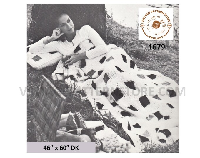 70s vintage DK check afghan throw and pillow cushion pdf crochet pattern 46" to 60" Instant PDF download 1679