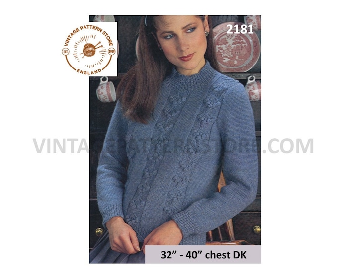 Ladies Womens 70s vintage round neck cherry bobble cable cabled DK raglan sweater jumper pdf knitting pattern 32" to 40" chest Download 2181
