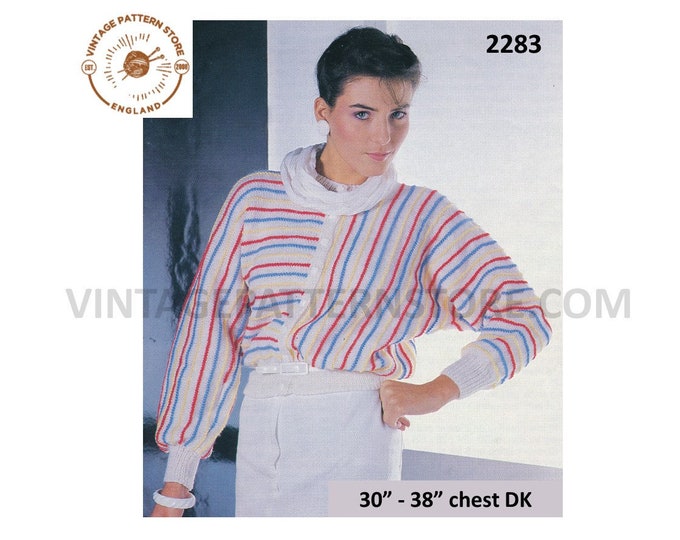 Ladies Womens 80s vintage round neck colour striped DK batwing cardigan pdf knitting pattern 30" to 38" chest Instant PDF download 2283