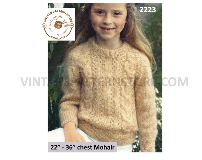 Girls 70s vintage round neck cable cabled raglan mohair sweater jumper pullover pdf knitting pattern 22" to 36" chest Instant download 2223