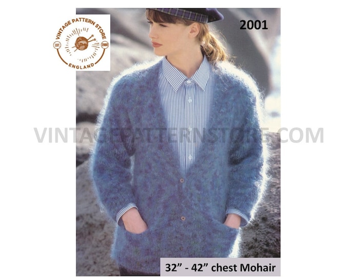 Ladies Womens 90s simple & easy to knit V neck drop shoulder dolman mohair cardigan pdf knitting pattern 32" to 42" chest PDF download 2001