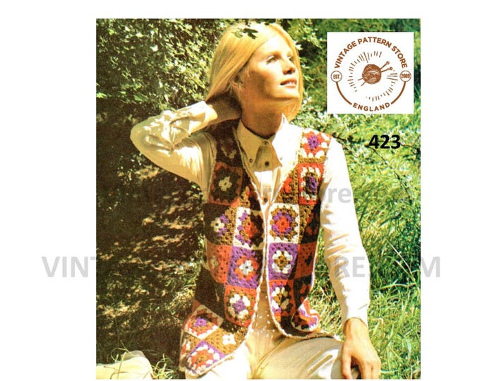 Ladies Womens 70s vintage DK V neck crochet motif hippie waistcoat pdf crochet pattern 34" to 36" chest Instant PDF Download 423