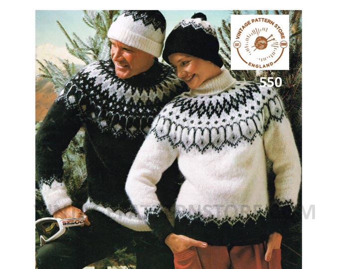 Ladies Womens Mens 90s round polo neck fair isle yoke yoked raglan aran sweater jumper hat cap pdf knitting pattern 32" to 42" Download 550