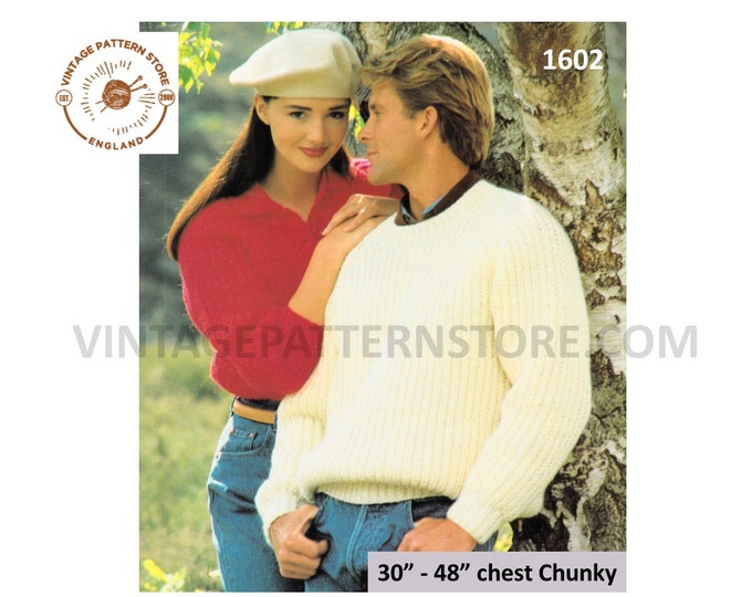 Ladies Womens Mens 90s easy to knit crew or shirt neck chunky knit raglan sweater jumper pdf knitting pattern 30" to 48" PDF Download 1602