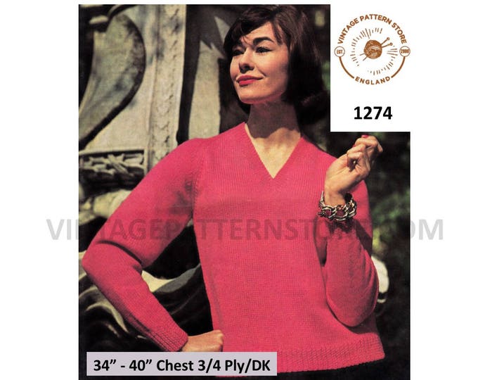Womens 60s vintage quick simple & easy to knit 3 ply 4 ply or DK V neck raglan sweater jumper pdf knitting pattern 34" to 40" Download 1274