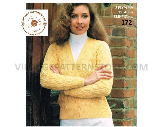 Ladies Womens 80s vintage 3 ply 4 ply V neck lacy eyelet lace raglan cardigan pdf knitting pattern 32" to 46" chest Instant PDF Download 172