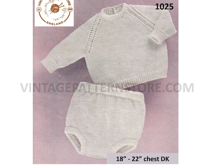 Baby Babies easy to knit round neck DK raglan sweater jumper and pilch shorts pdf knitting pattern 18" to 22" chest PDF download 1025