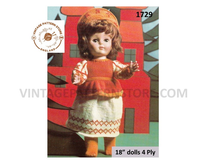 70s vintage 18" 4 ply Russian dolls clothes skirt sweater hat pdf knitting pattern Instant PDF download 1729