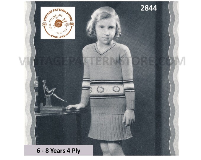 Girls 30s vintage 4 ply V neck striped raglan sweater jumper & ribbed midi skirt pdf knitting pattern 6 to 8 Years Instant PDF download 2844