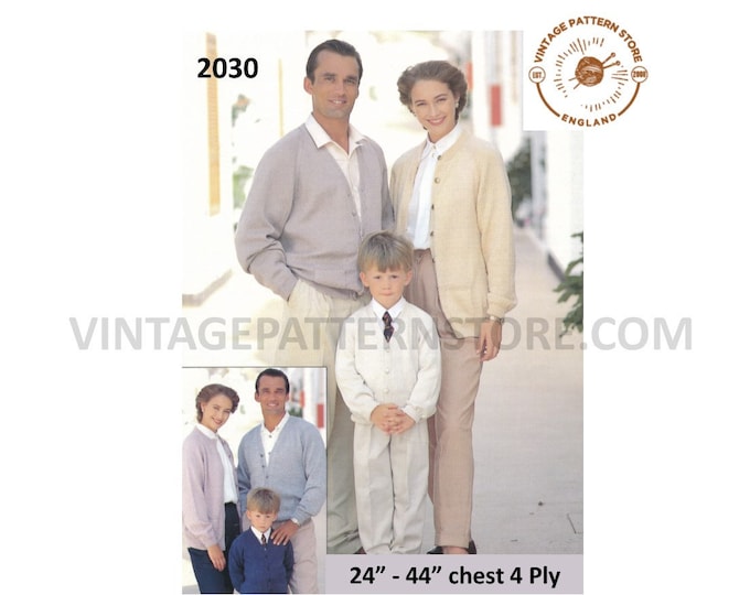 Womens Mens Boys Girls 90s family 4 ply quick plain simple & easy to knit raglan cardigan pdf knitting pattern 24" to 44" Download 2030