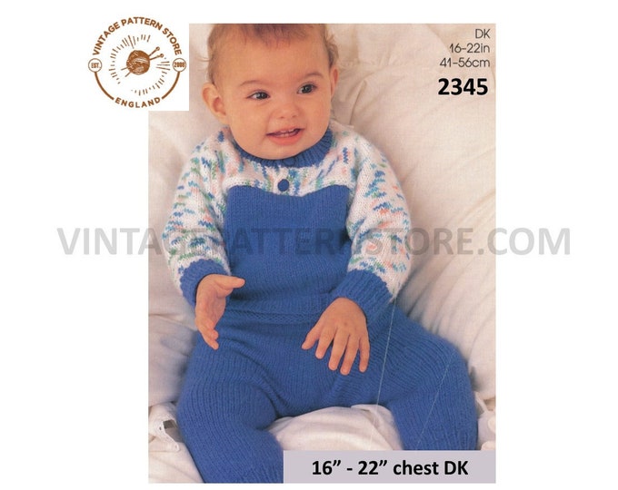 Baby Babies Toddlers 90s DK shirt neck drop shoulder contrast raglan sweater jumper & trousers pdf knitting pattern 16" to 22" Download 2345