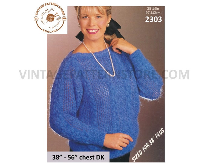 Womens 80s slash neck cable cabled lacy oversized plus size extra large DK sweater jumper pdf knitting pattern 38" to 56" PDF download 2303