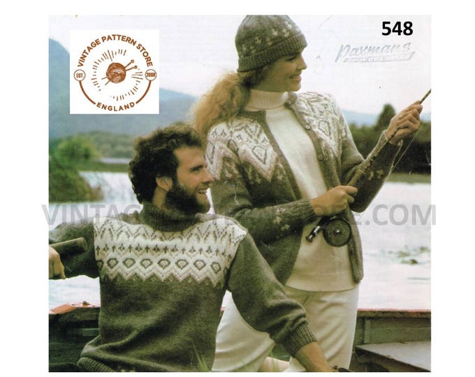 Ladies Womens Mens 80s vintage round neck fair isle yoke DK cardigan sweater jumper & hat pdf knitting pattern 32" to 39" PDF download 548