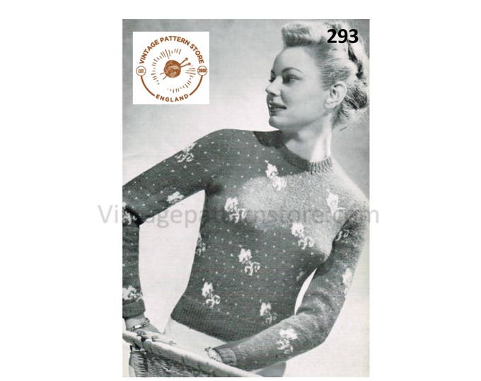 Ladies Womens 40s vintage 3 ply crew neck rose floral fair isle raglan sweater jumper pullover pdf knitting pattern 36" chest Download 293