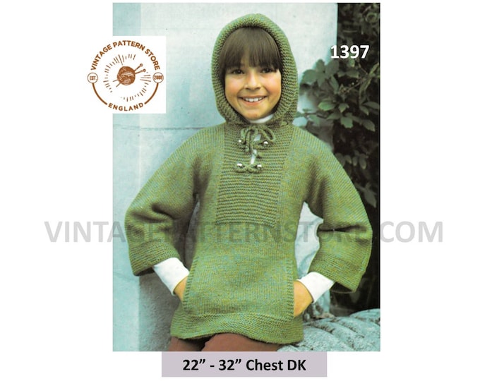 Girls 70s vintage easy to knit DK hoodie hooded sweater jumper with kangaroo pocket pdf knitting pattern 22" to 32" chest Download 1397