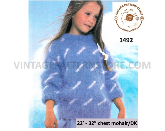 Girls 90s crew neck drop shoulder slouchy mohair sweater jumper pullover pdf knitting pattern 22" to 32" chest Instant PDF Download 1492