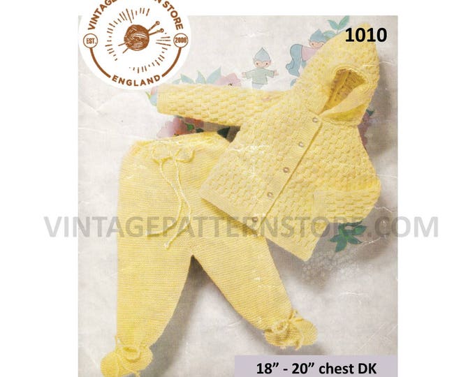 Baby Babies 60s vintage easy to knit DK pram set hoodie jacket and trousers pdf knitting pattern 18" to 20" chest Instant download 1010