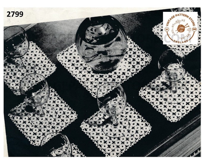 40s vintage square refreshments set coasters drinks mat and centrepiece doily doilies pdf crochet pattern small 5" large 7" Download 2799