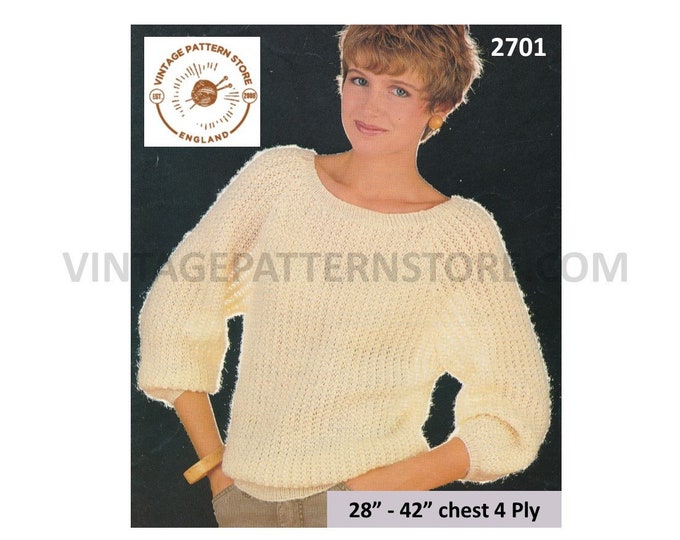 Ladies Womens 80s vintage easy to knit 4 ply round neck dolman sweater jumper pdf knitting pattern 28" to 42" Instant PDF download 2701