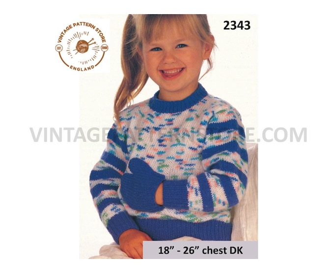 Girls childs 90s easy to knit striped sleeve crew neck mitten pocket DK raglan sweater jumper pdf knitting pattern 18" to 26" Download 2343
