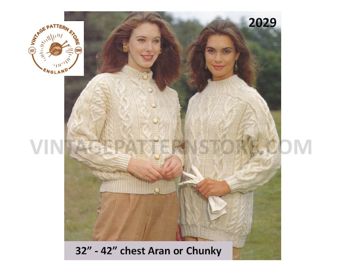 Ladies Womens 90s funnel neck long line cable cabled aran sweater jumper & crew neck cardigan pdf knitting pattern 32" to 42" Download 2029