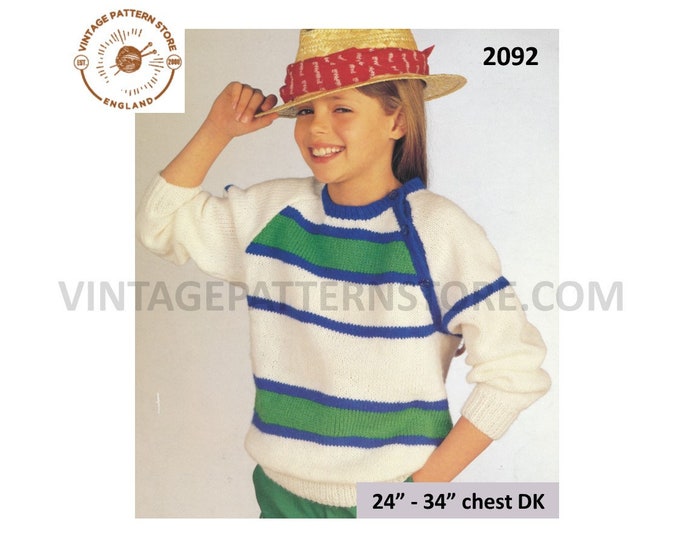 Girls 90s easy to knit round neck striped button shoulder DK dolman sweater jumper pdf knitting pattern 24" to 34" chest PDF Download 2092