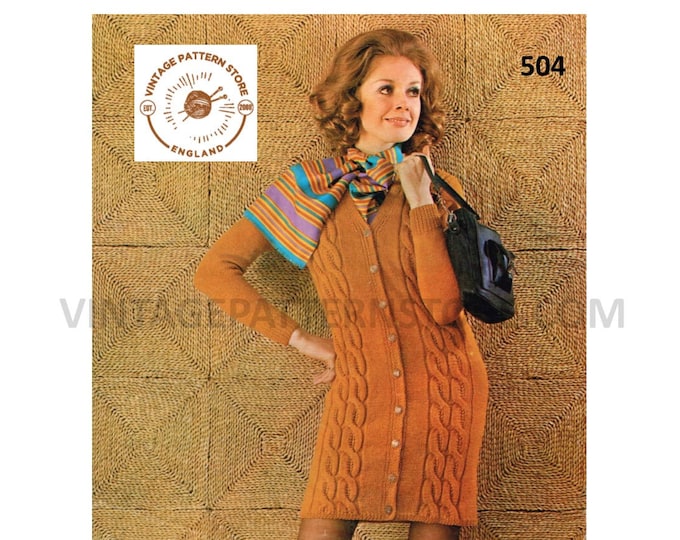 Ladies Womens 70s vintage V neck cable cabled long line raglan DK cardigan jacket coat pdf knitting pattern 32" to 38" Instant Download 504