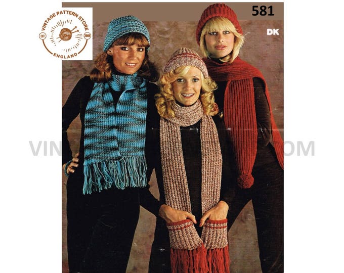 Ladies Womens 70s vintage easy to knit DK rib ribbed and pocket scarf plus hat cap pdf knitting pattern Instant PDF download 581