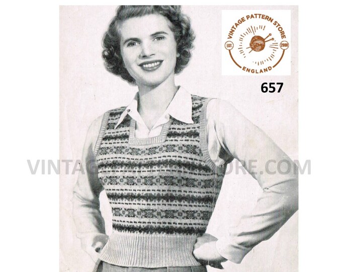 Ladies Womens 40s vintage 3 ply  fair isle banded square neck slipover sweater vest tank top pdf knitting pattern 34" chest Download 657